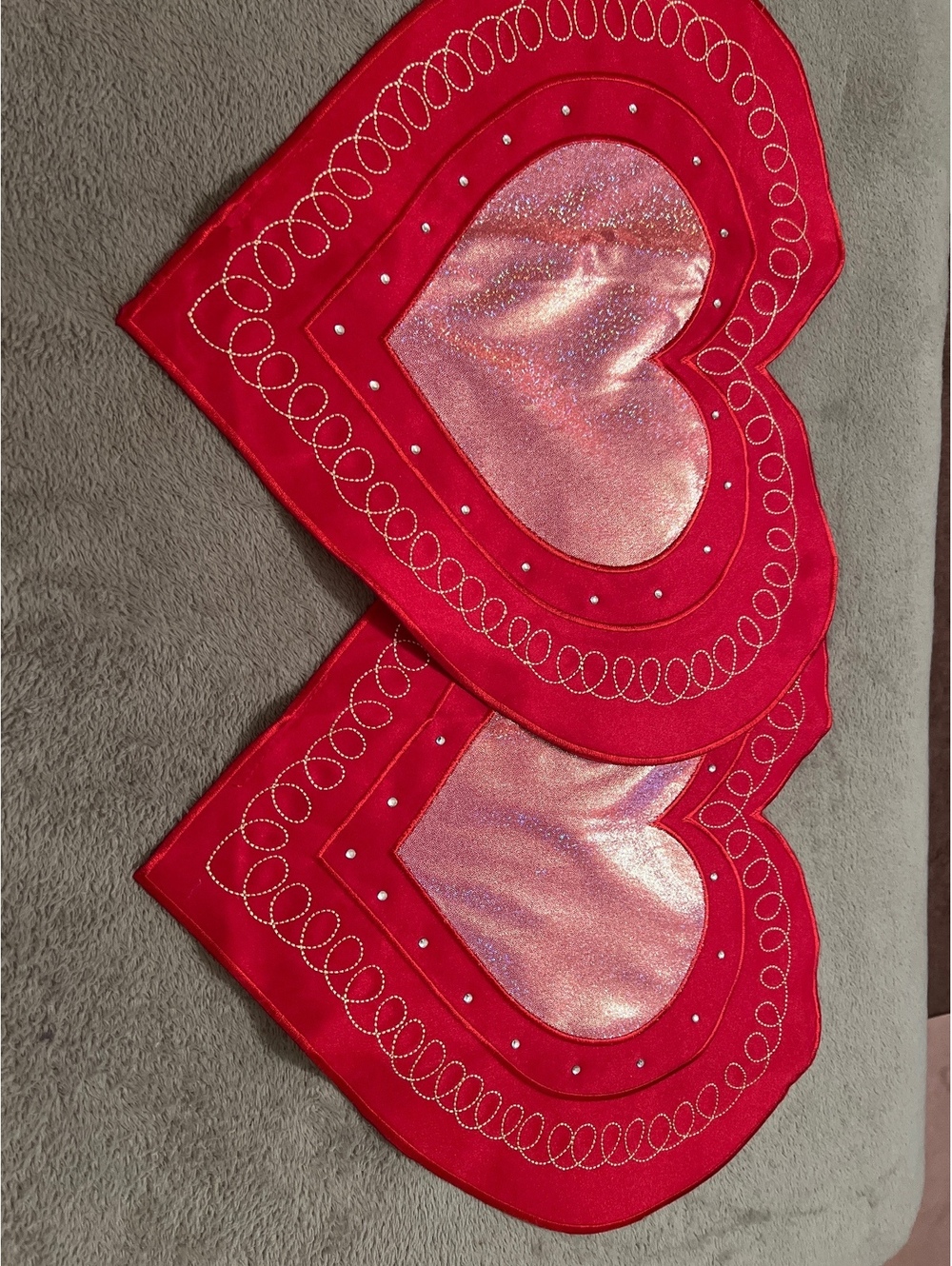 Pair of Red Heart-Shaped Decorative Placemats with Shimmer and Embroidery